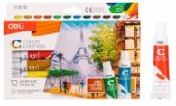 Акрилни бои Deli Acrylic EC12-12, на водна основа, 12 цвята х 12 мл в тубички