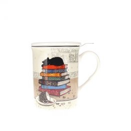 Порцеланова чаша за чай с филтър - Коте с книги KIUB