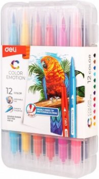 Флумастери Deli Color Emotion EC151-12 12 цвята, двувърхи-четка и тънкописец, в PP кутия